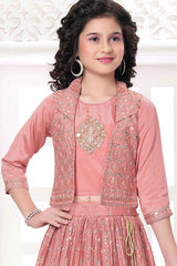 Peach Sequin Work And Embroidered Lehenga Choli Set For Girls