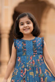 Blue Floral Printed Cotton Frock with Ruffle Yoke For Girls