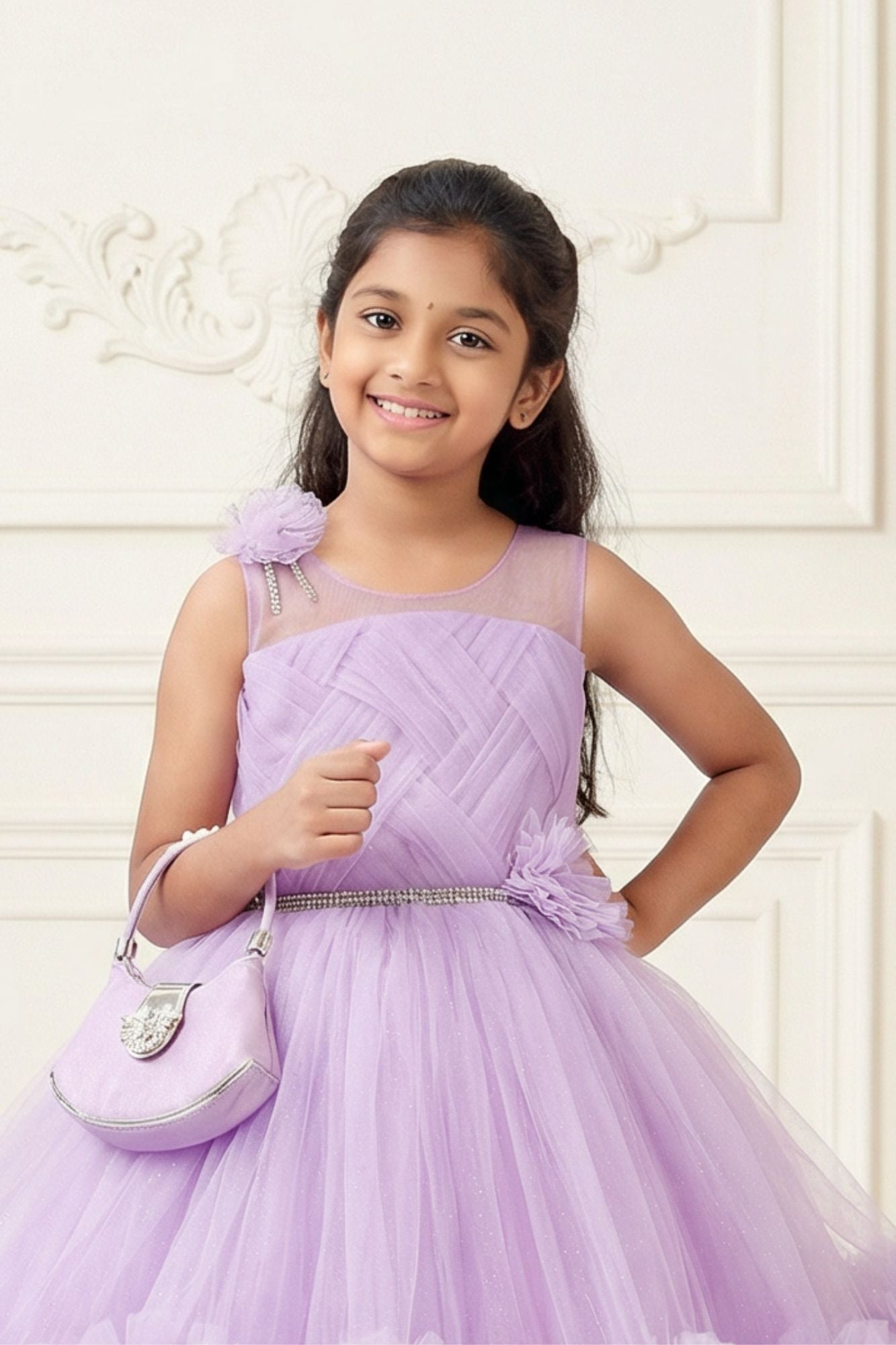 Lavender Layered Net Party Gown with Floral Ruffle Hem For Girls