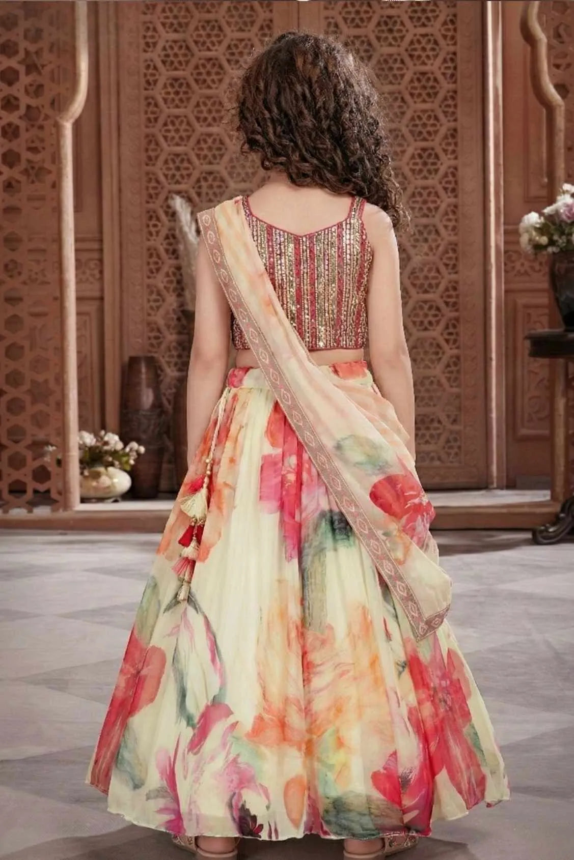 Ivory Floral Printed Lehenga Choli Set for Girls