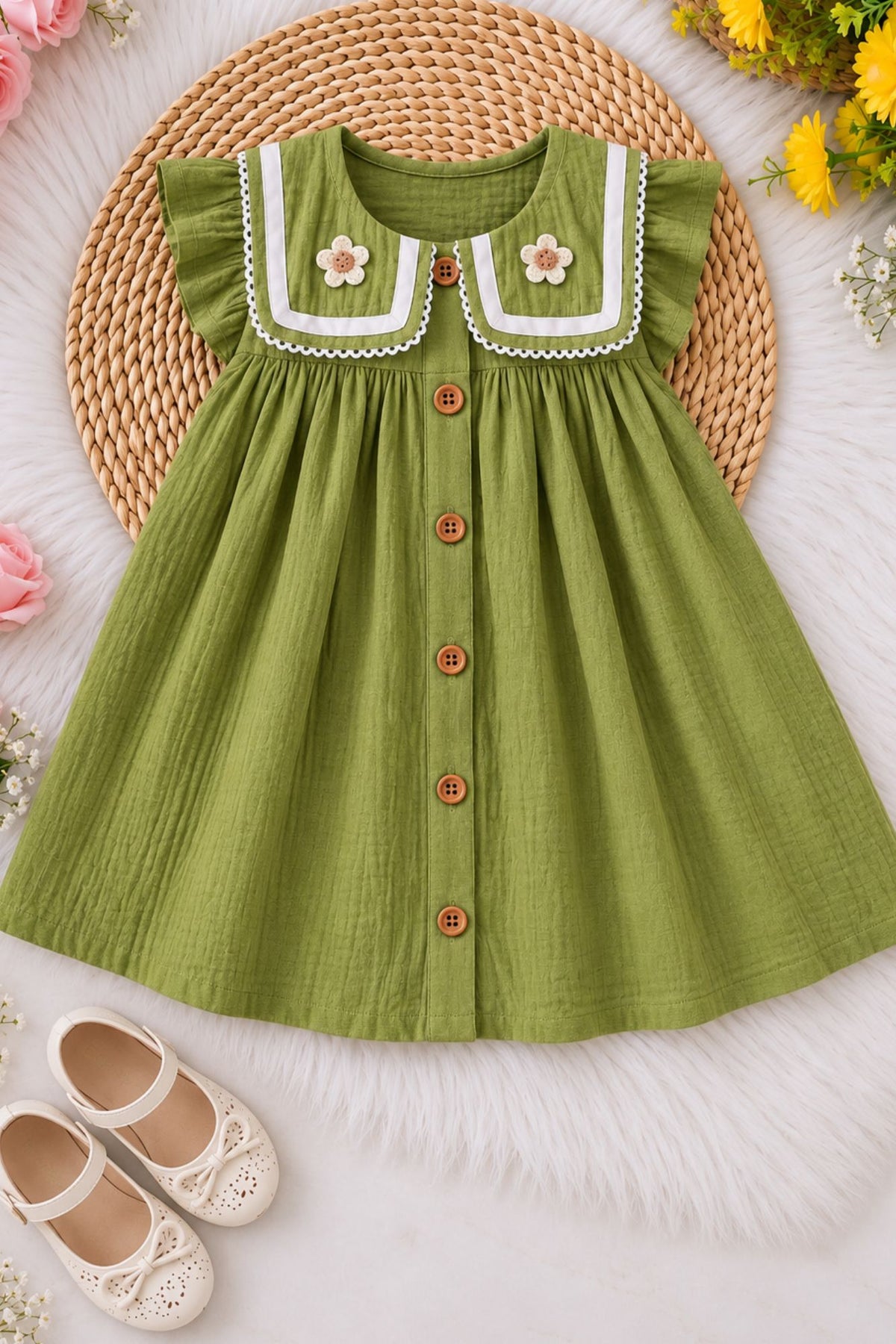 Girls Green Crochet Flower Sailor Collar Dress
