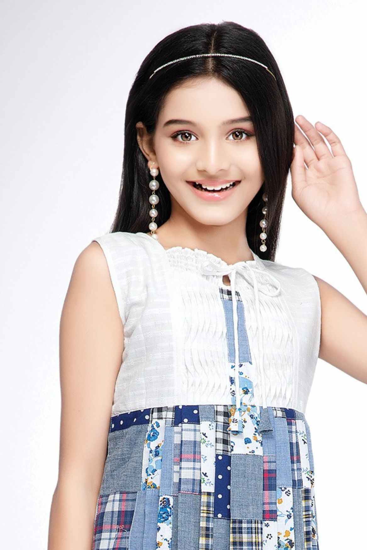 White Casual Dress With Blue Printed Patchwork For Girls