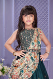 Deep Teal Embroidered Lehenga Choli Set with Floral Printed Draped Dupatta For Girls