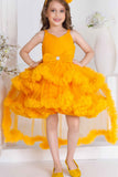 Yellow Ruffle And Layered High-Low Party Tailback Frock for Girls