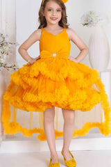 Yellow Ruffle And Layered High-Low Party Tailback Frock for Girls
