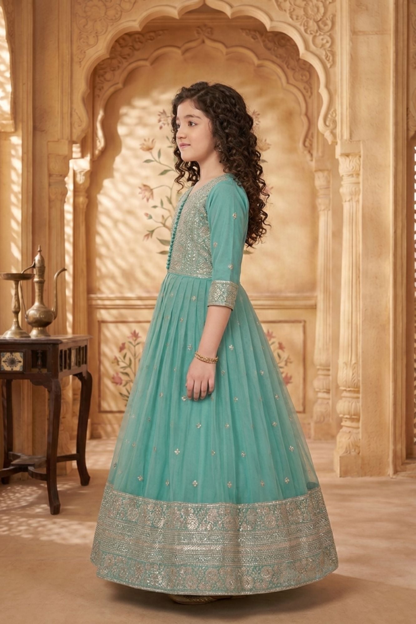 Teal Green Embroidered Long Ethnic Gown with Dupatta For Girls