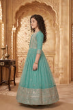 Teal Green Embroidered Long Ethnic Gown with Dupatta For Girls
