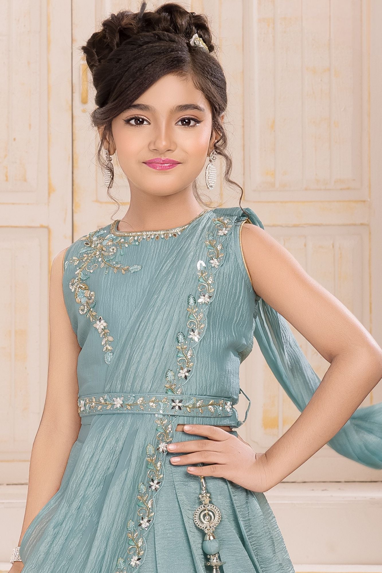 Girls Sea Green Embroidered Lehenga Choli with Draped Dupatta And Tassel Detailing