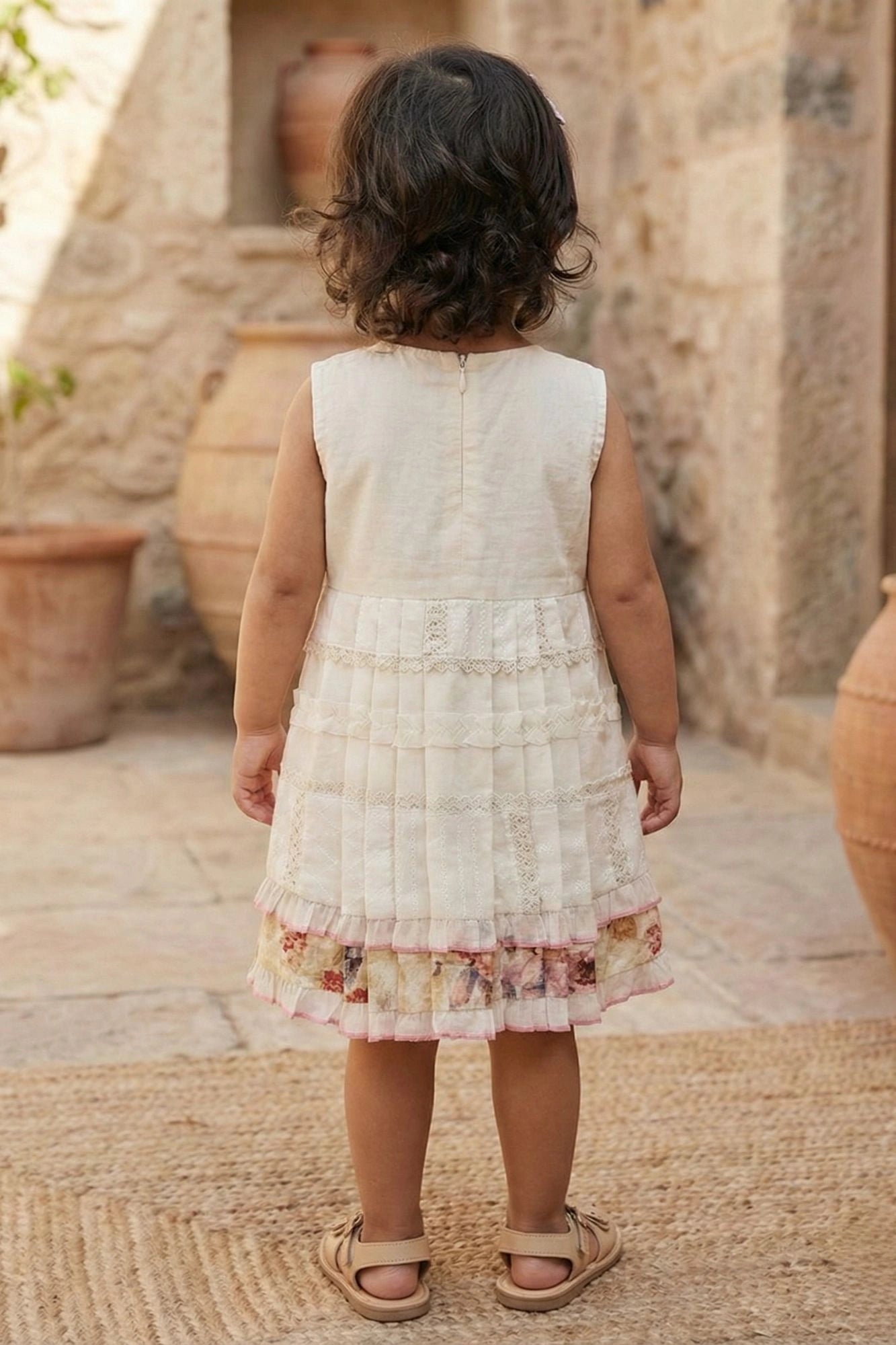 Cream Pleated Lace & Patch Floral Frock for Girls