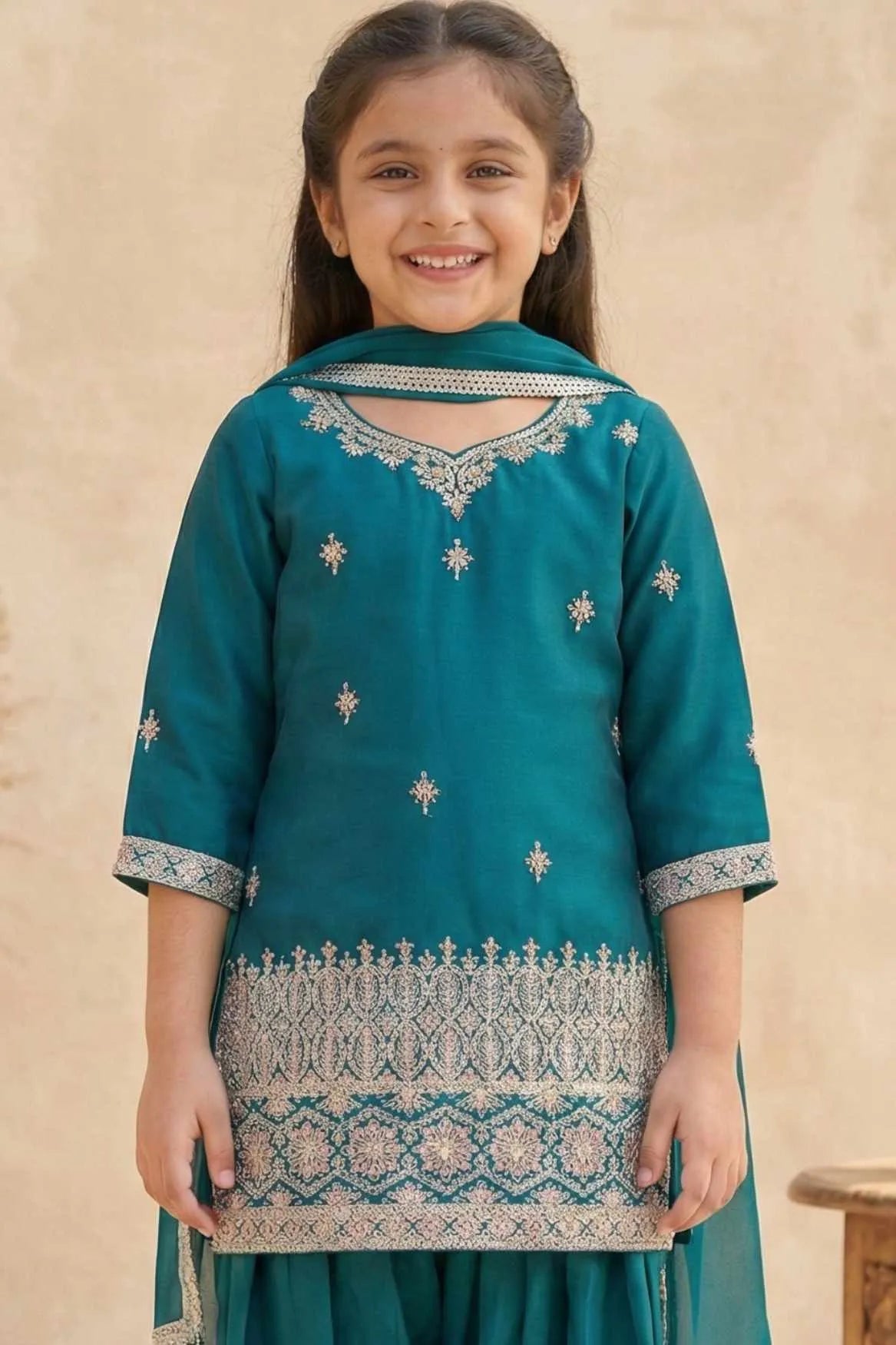 Rama Green Embroidered Patiala Set For Girls
