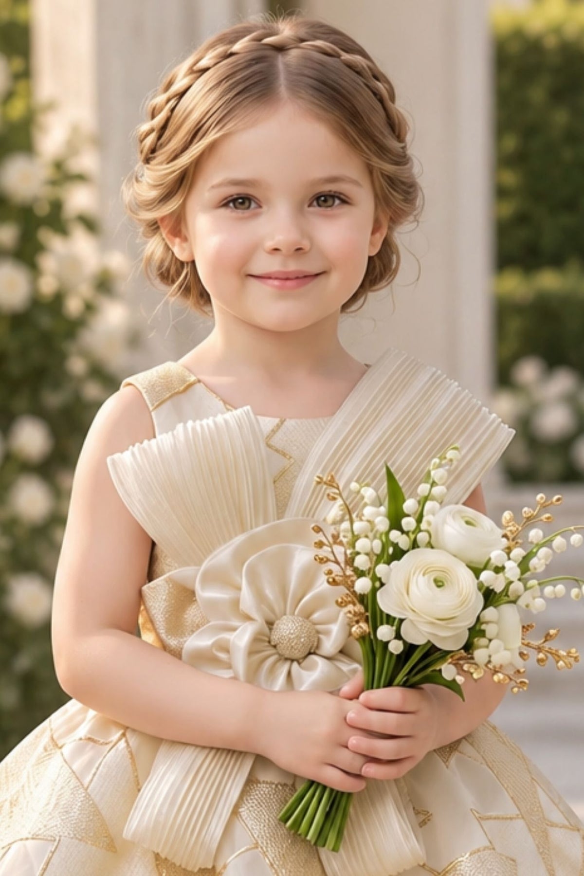 Girls Ivory And Gold Organza Party Frock with Statement Bow