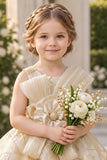 Girls Ivory And Gold Organza Party Frock with Statement Bow