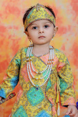 Yellow Krishna Janmashtami Bandini Print kurta With Dhoti For Boys