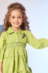 Green Embroidered Frock With Sling For Girls