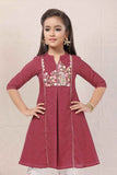 Maroon Kurta Set with Embroidered Yoke & White Printed Pants For Girls