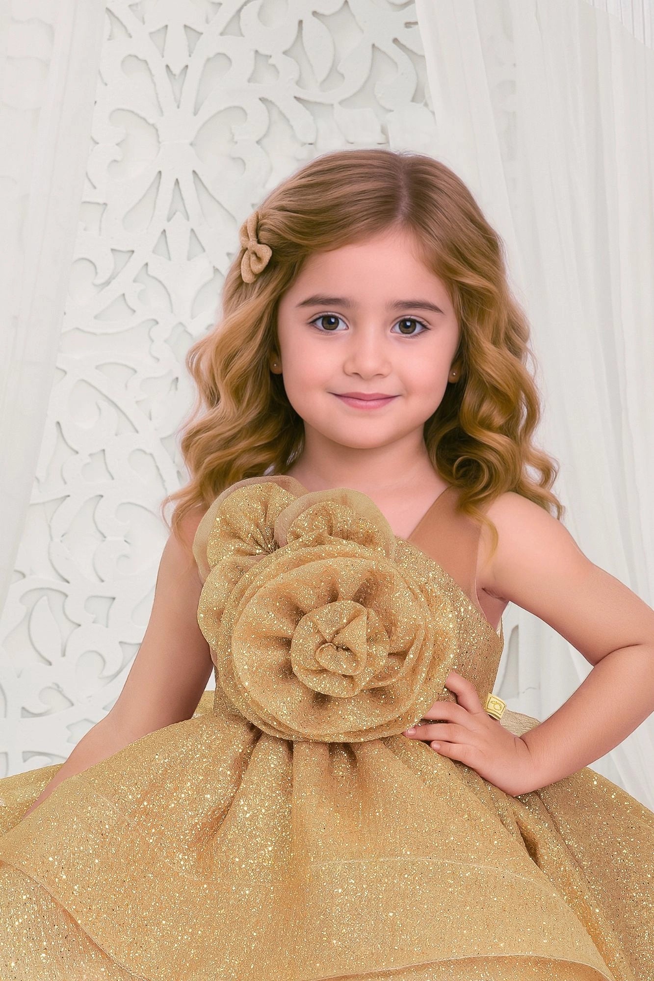 Golden High-Low Party Frock with Oversized Rosette For Girls