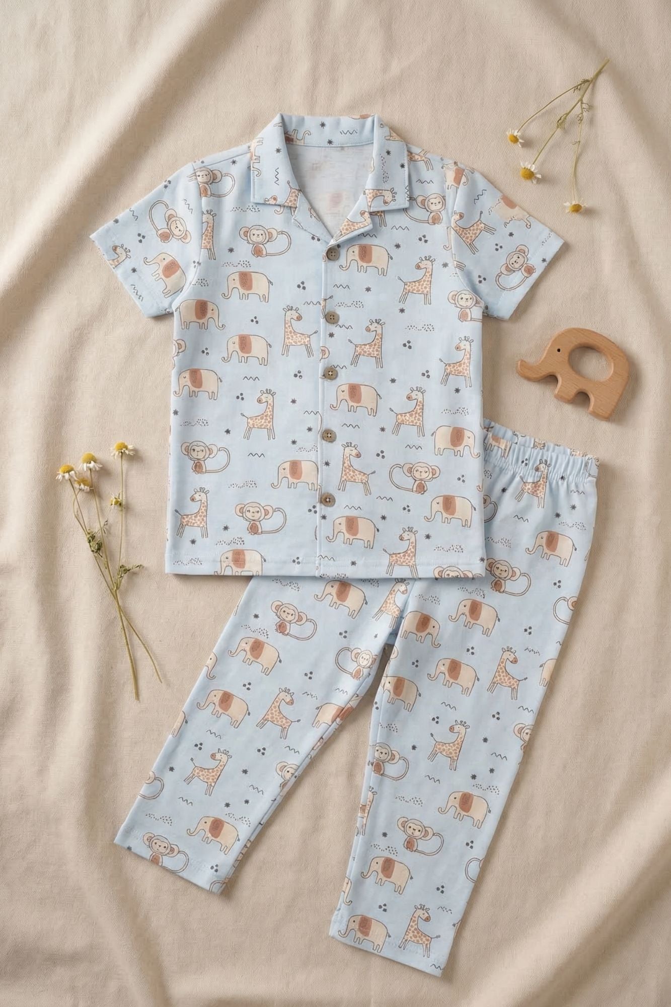Blue Animal Print Cotton Night Suit Set For Boys