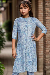 Blue Printed And Stone Work Kurta With Pant Set For Girls