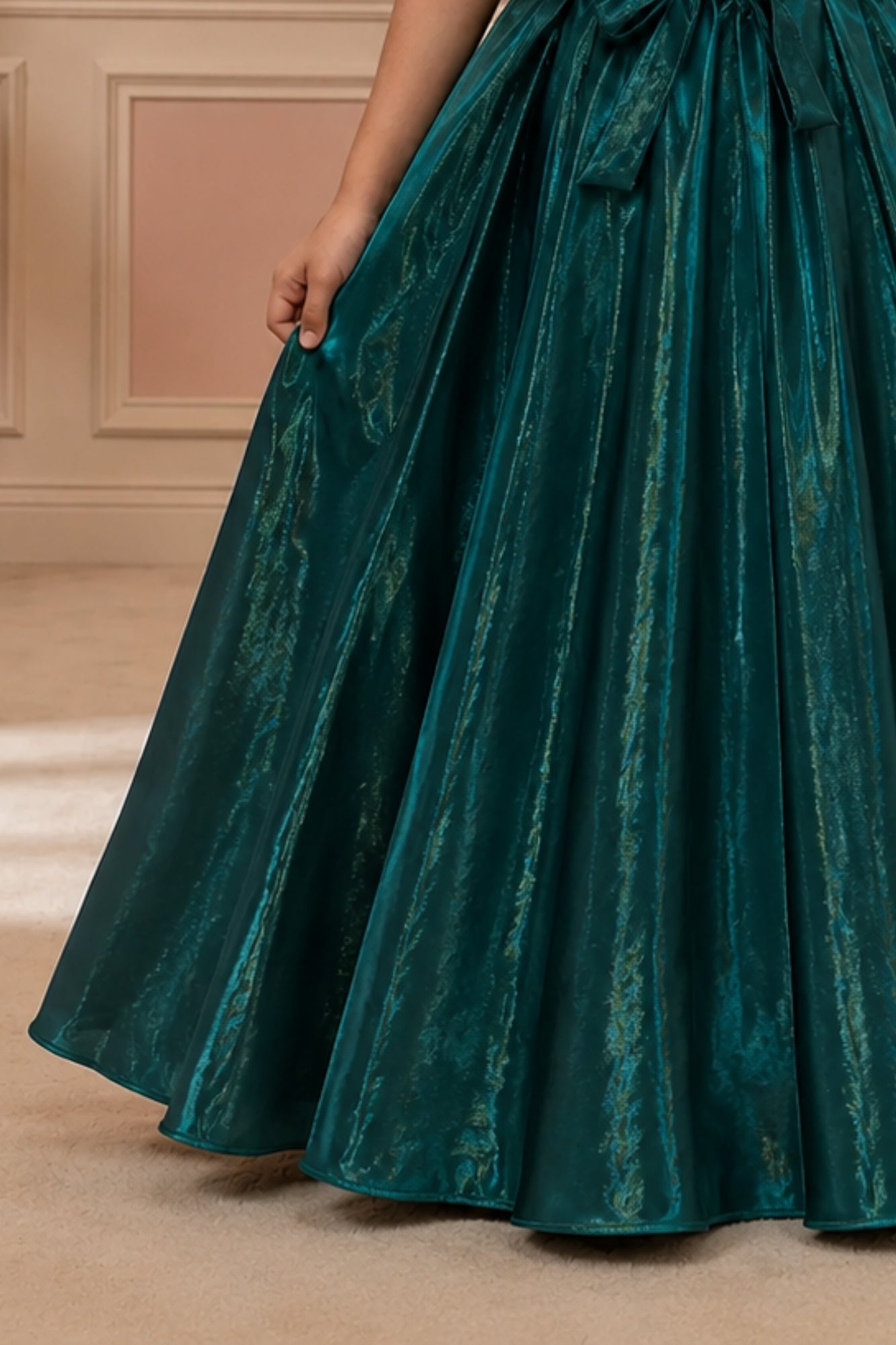 Teal Green Off-Shoulder Pleated Bow Party Gown For Girls