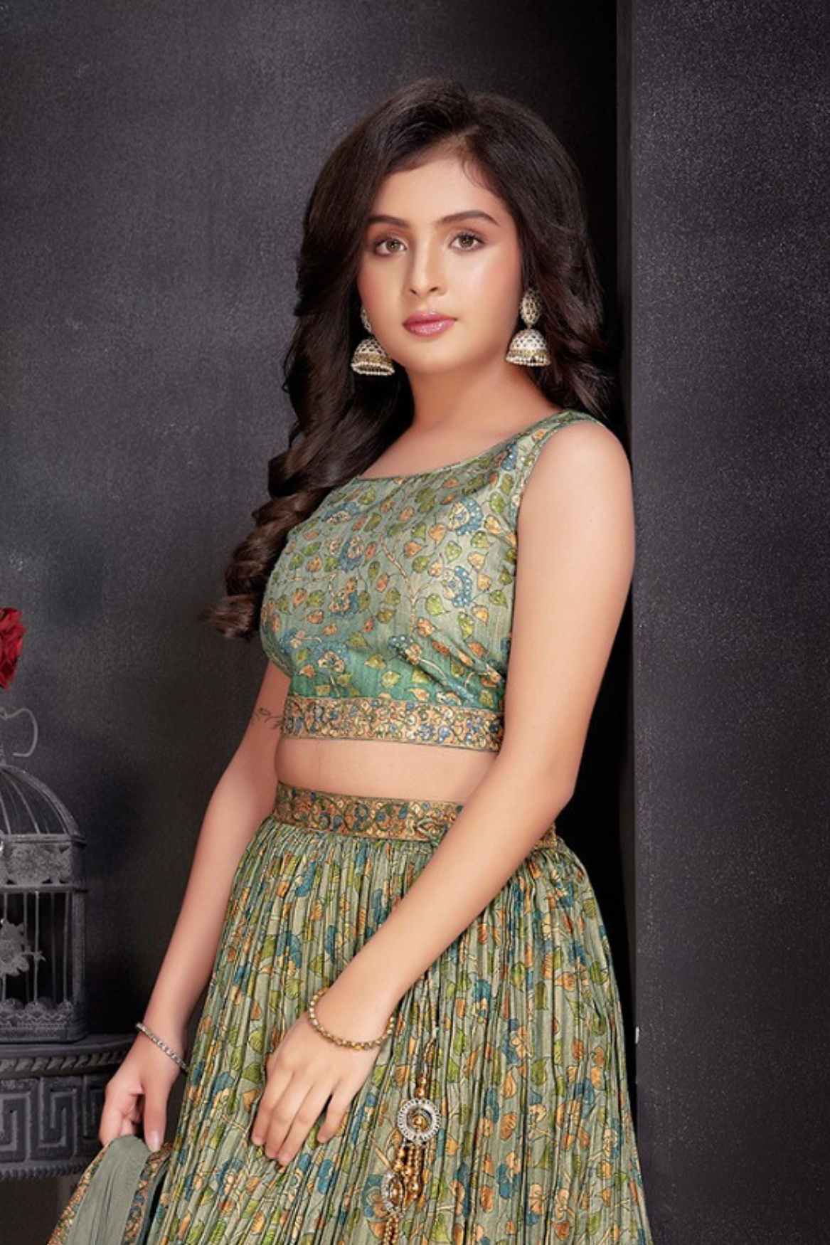 Sage Green Floral Printed Lehenga Choli Set with Dupatta
