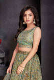 Sage Green Floral Printed Lehenga Choli Set with Dupatta