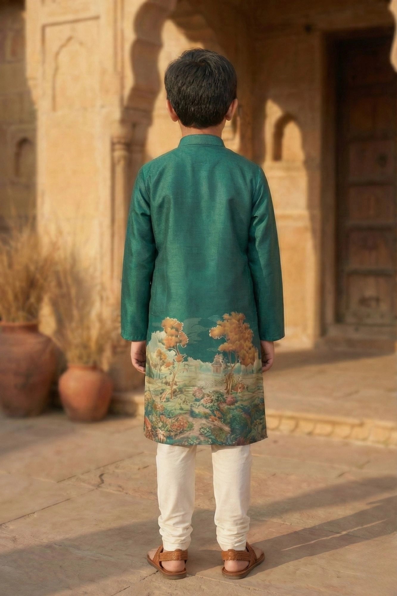Green Scenic Print Kurta with Cream Pajama Set For Boys