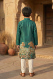 Green Scenic Print Kurta with Cream Pajama Set For Boys