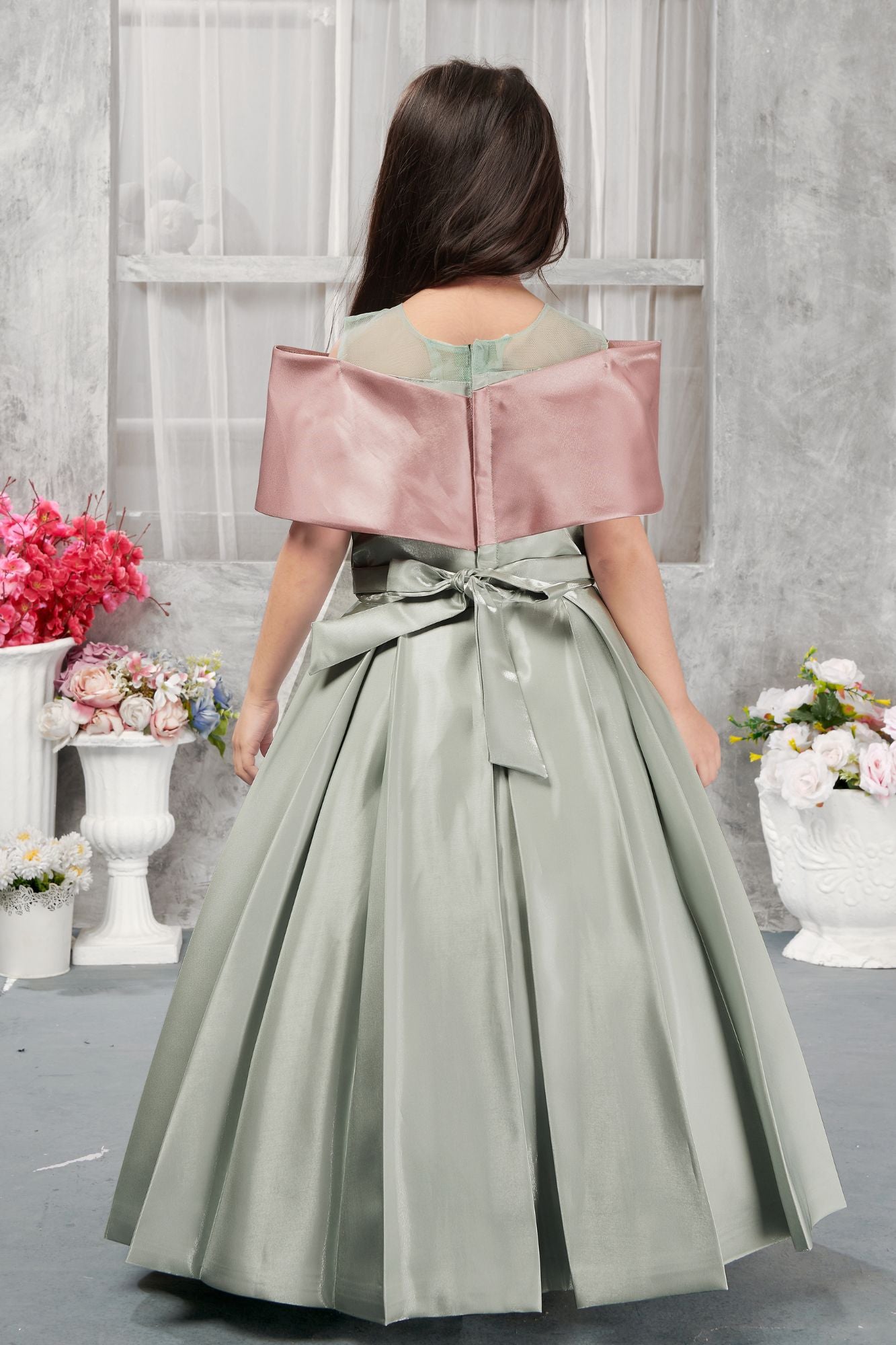 Sage Green Sleeveless Gown with Oversized Dusty Pink Bow for Girls Lagorii Kids Sage Green Sleeveless Gown with Oversized Dusty Pink Bow for Girls Lagorii Kids