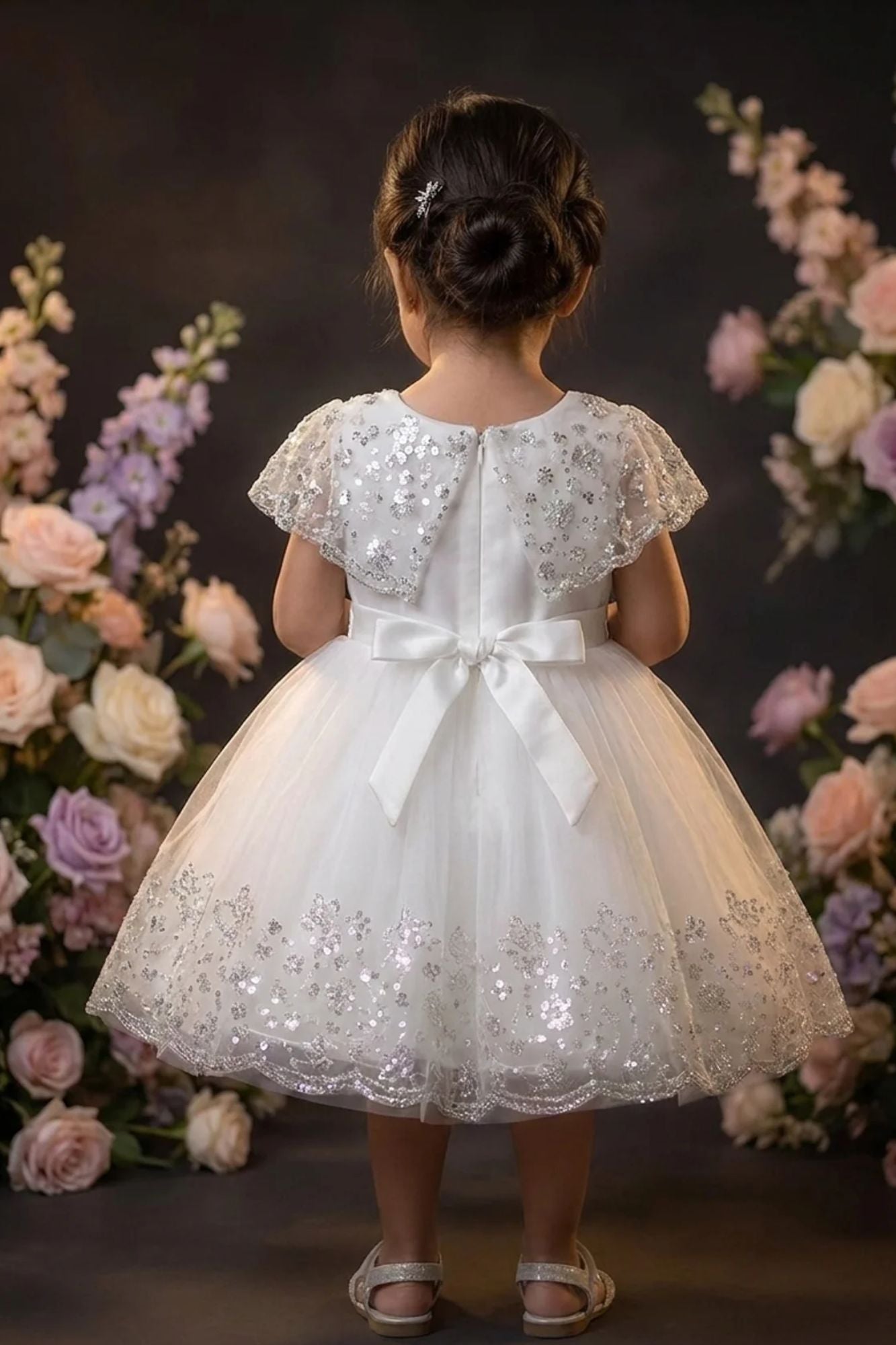 Girls White Party Wear Frock with Sequin Embellishments