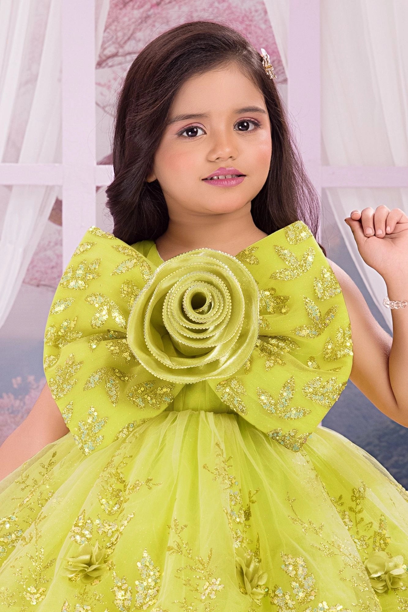 Mustard Green Glitter Party Frock with 3D Floral Bow For Girls 6-12M (16) Mustard Green Glitter Party Frock with 3D Floral Bow For Girls 6-12M (16)