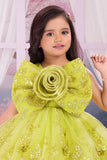 Mustard Green Glitter Party Frock with 3D Floral Bow For Girls