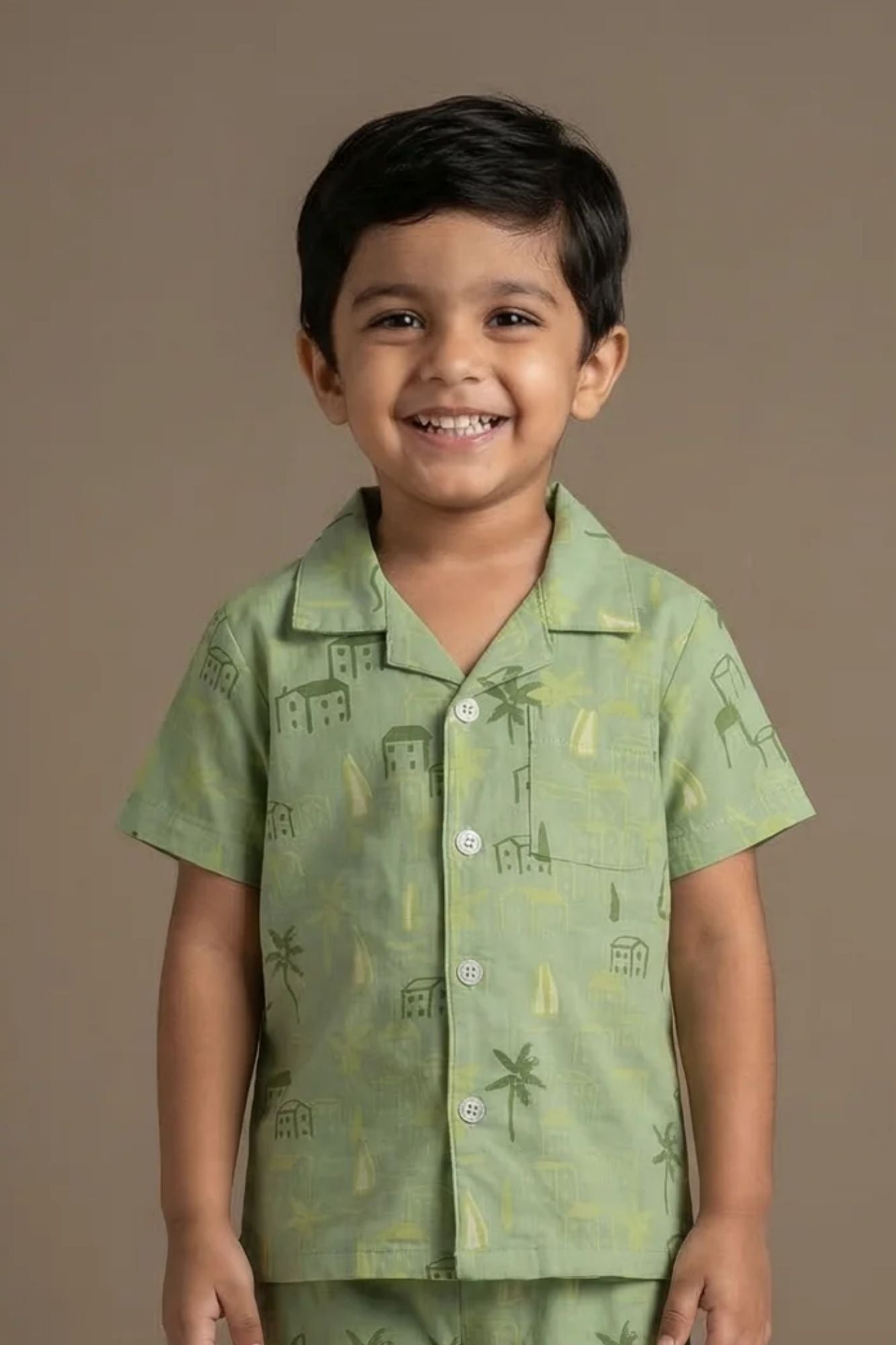 Green Tropical Print Night Suit Set For Boys