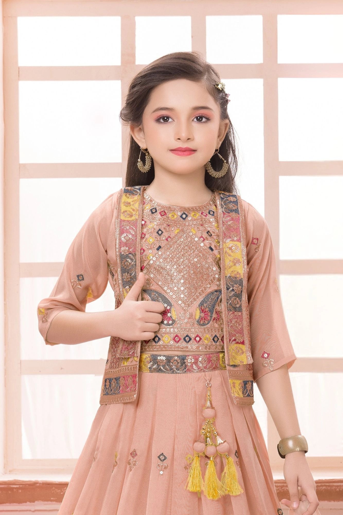 Peach Embroidered Lehenga Choli with Jacket For Girls