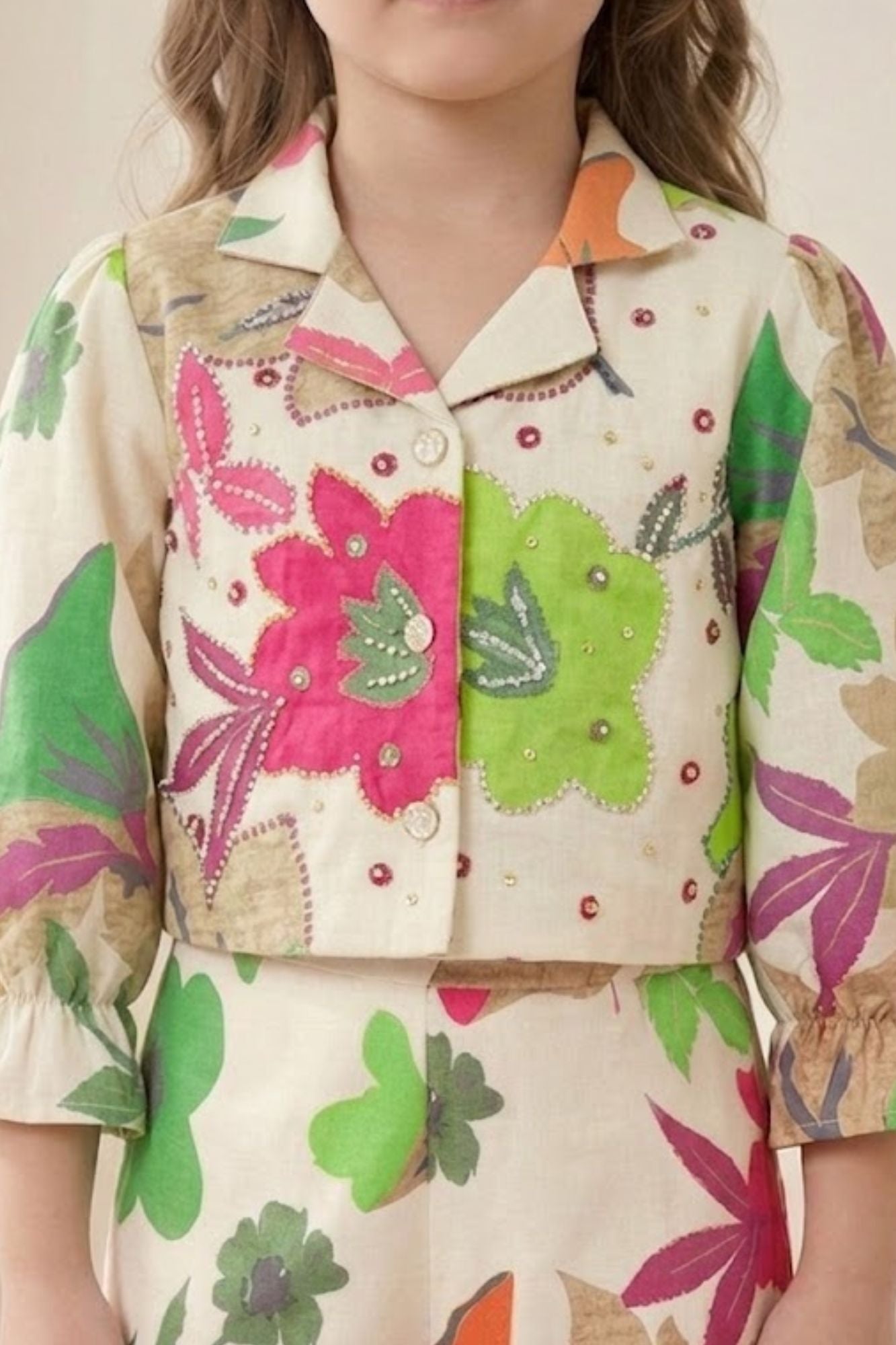 Girls Cream With Floral Printed Casual Co-Ord Set