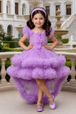 Girls Lavender Ruffle Tailback Party Dress With Pearl And 3D Floral Work