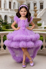 Girls Lavender Ruffle Tailback Party Dress With Pearl And 3D Floral Work