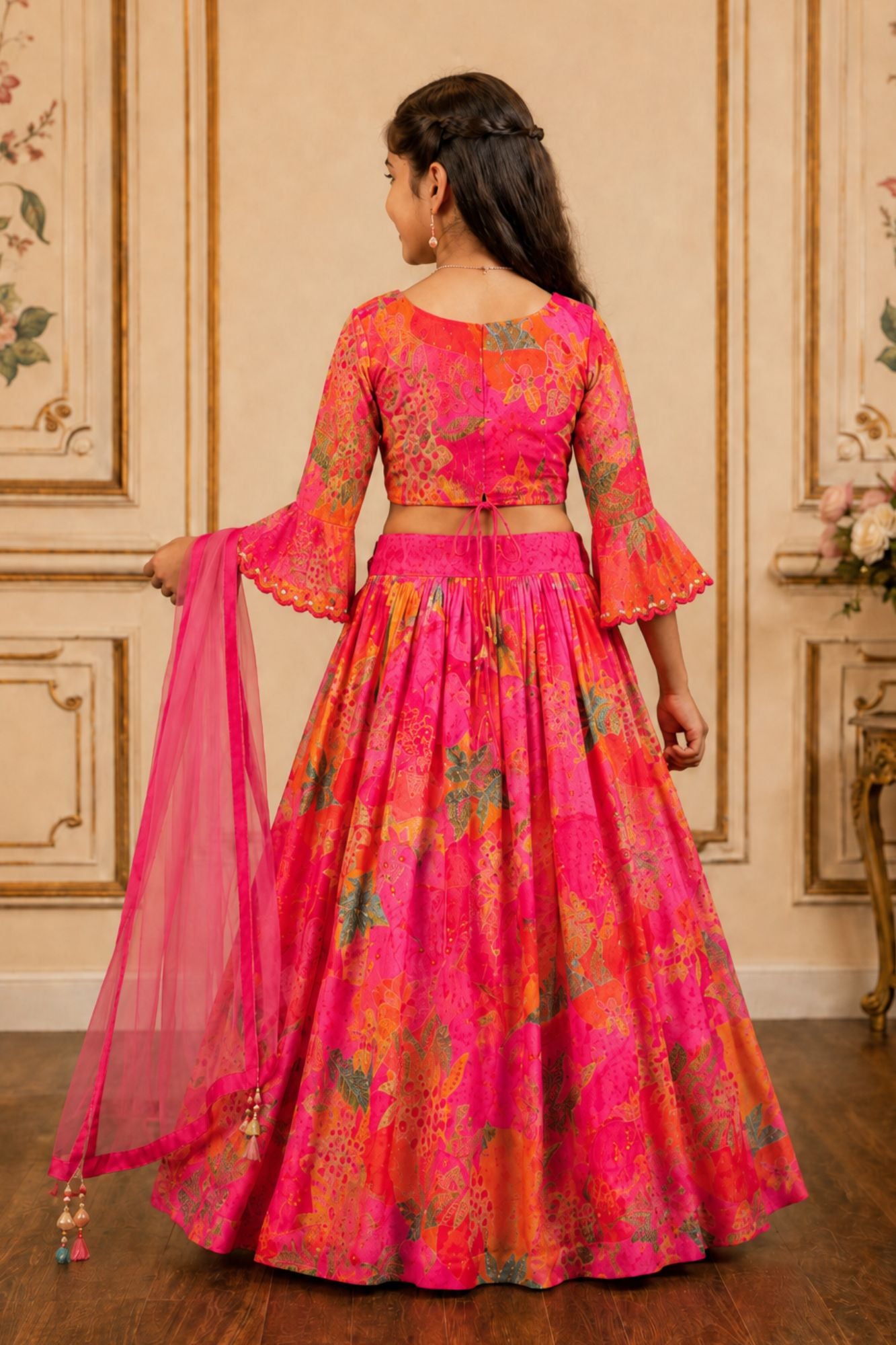 Pink and Orange Floral Printed Lehenga Choli Set with Dupatta