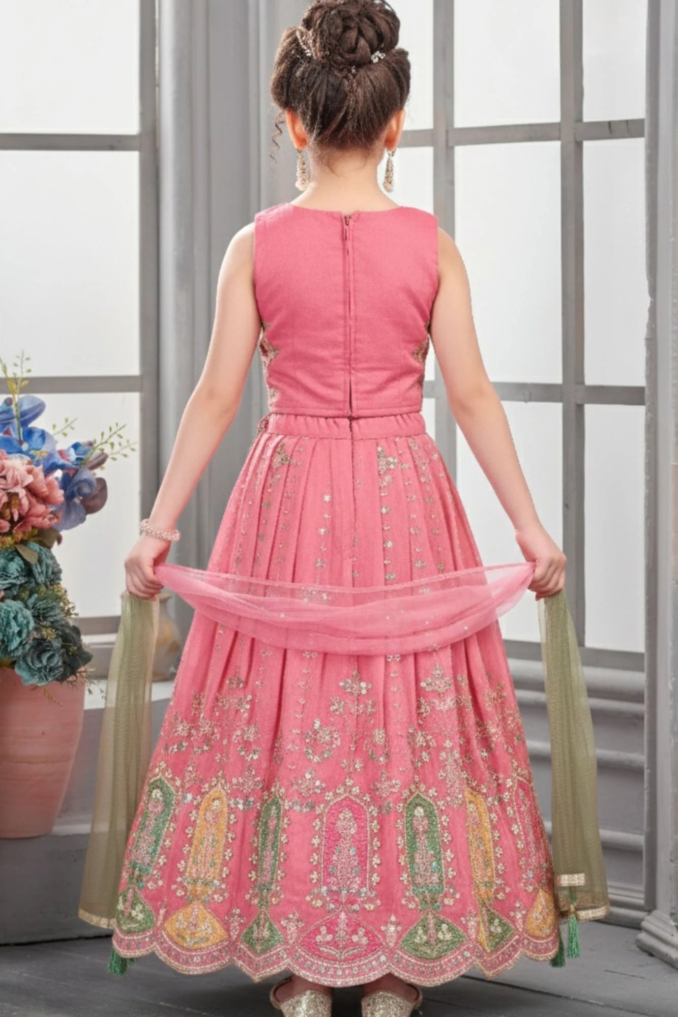 Pink Embroidered Lehenga Choli Set For Girls