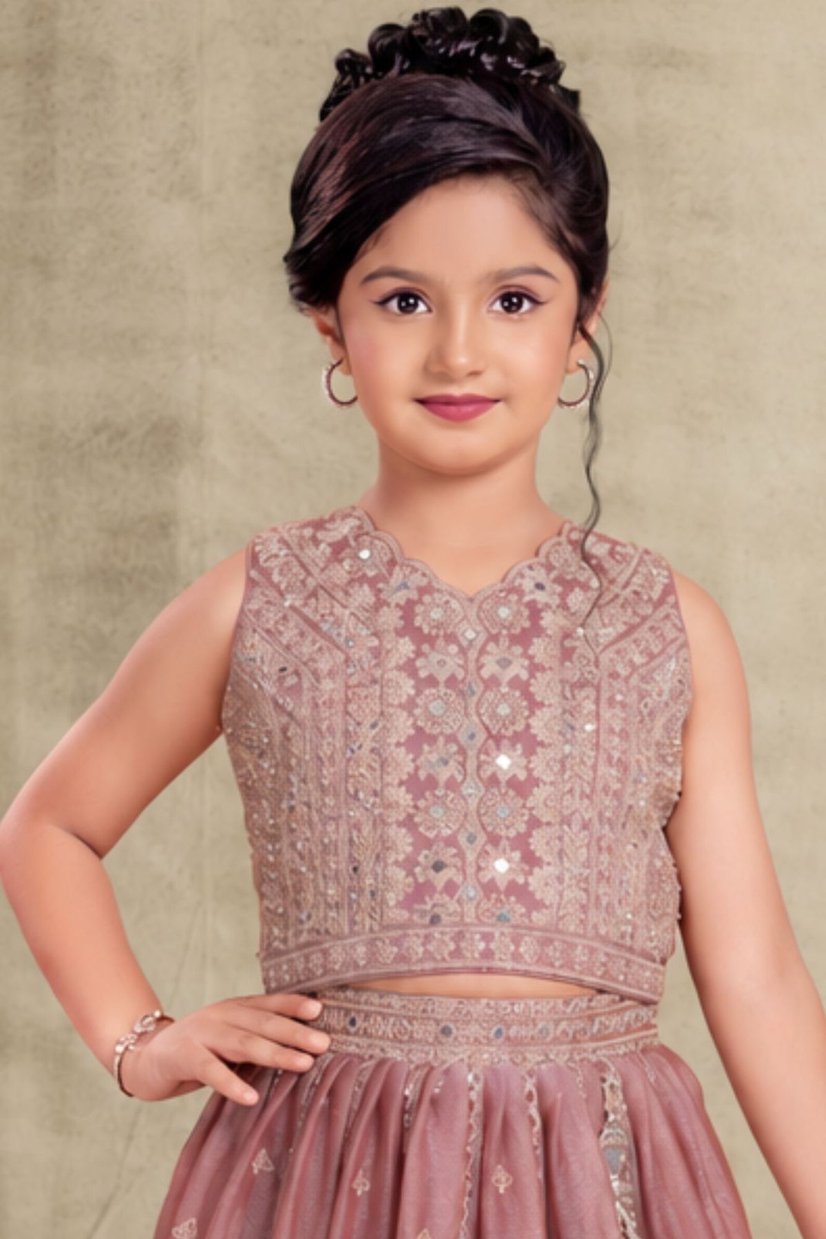 Girls Heavy Embroidered Dusty Pink Lehenga Choli Set With Dupatta