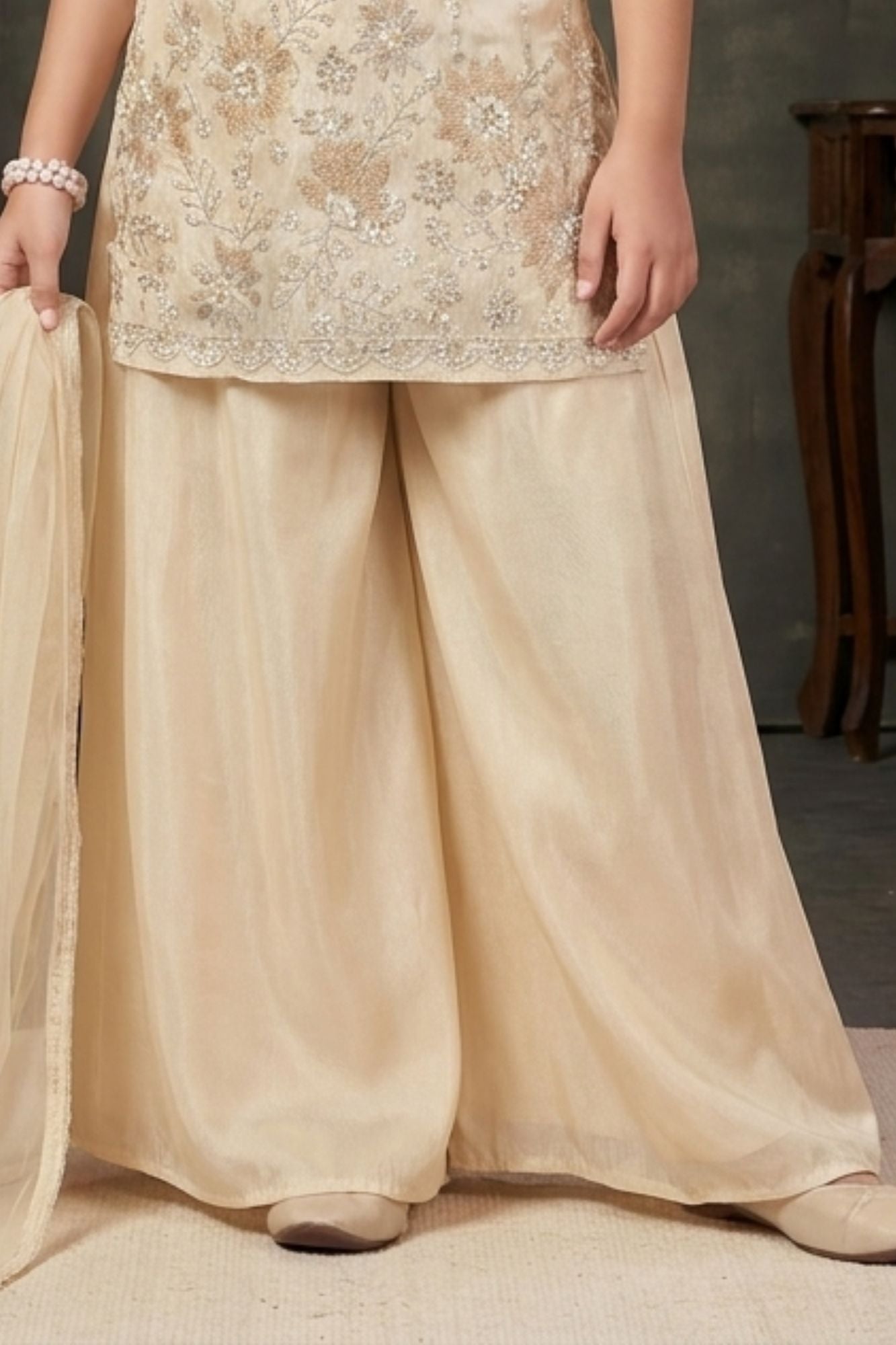 Girls Cream Palazzo Set with Floral Embroidered Kurti And Dupatta