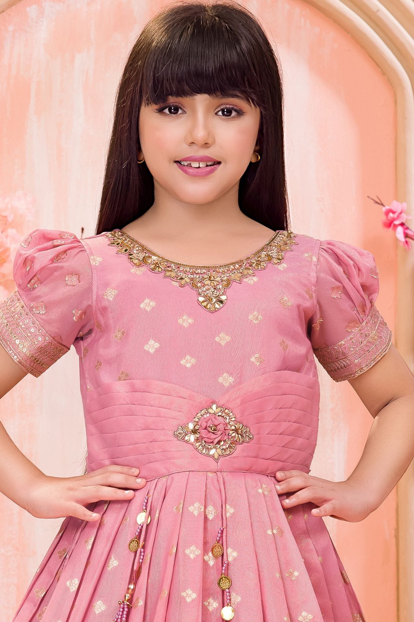 Rose Pink Embroidered Ethnic Gown For Girls