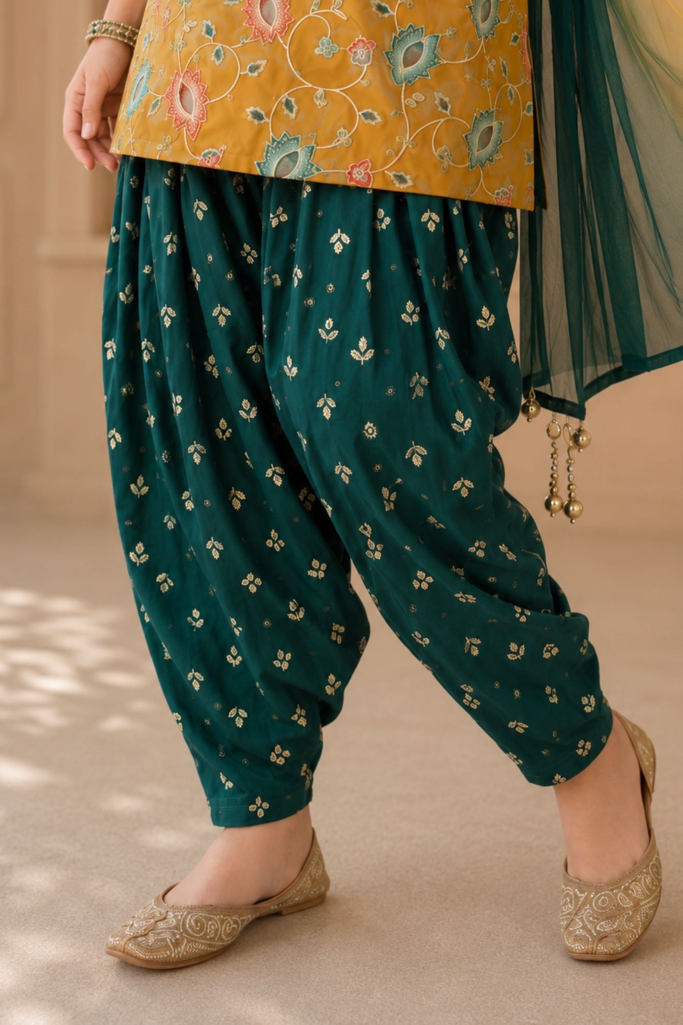Mustard Yellow Floral Embroidered Patiala Set with Dupatta For Girls
