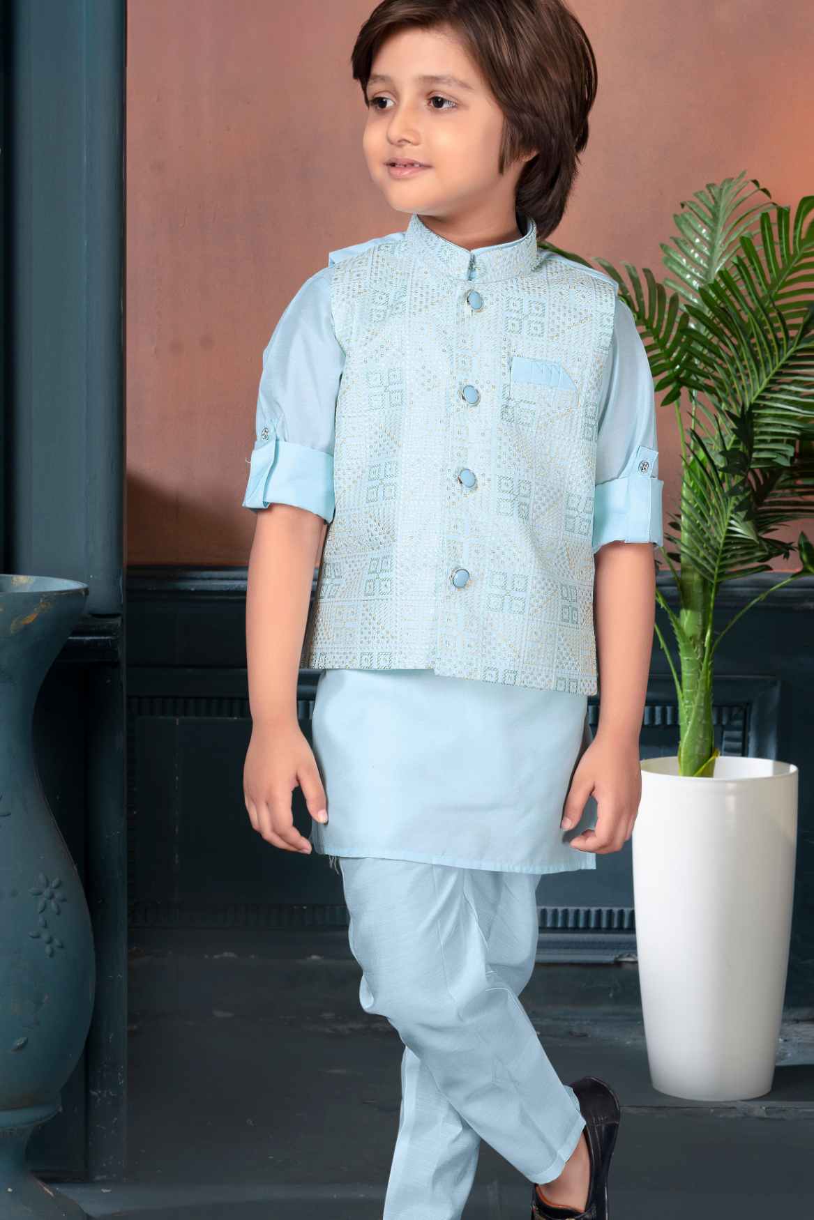 Sky Blue Sequins Embroidery Kurta Set With Waist Coat Set For Boys