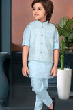 Sky Blue Sequins Embroidery Kurta Set With Waist Coat Set For Boys