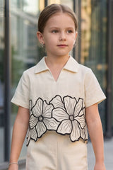 Girls Cream Floral Printed Co-Ord Set with Shirt Collar Top And  Pants