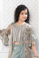 Grey Embroidered And Sequin Work Top With Palazzo Set For Girls