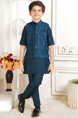 Teal Blue Full Sleeves Kurta With Sequin Embroidered Waist Coat Set For Boys