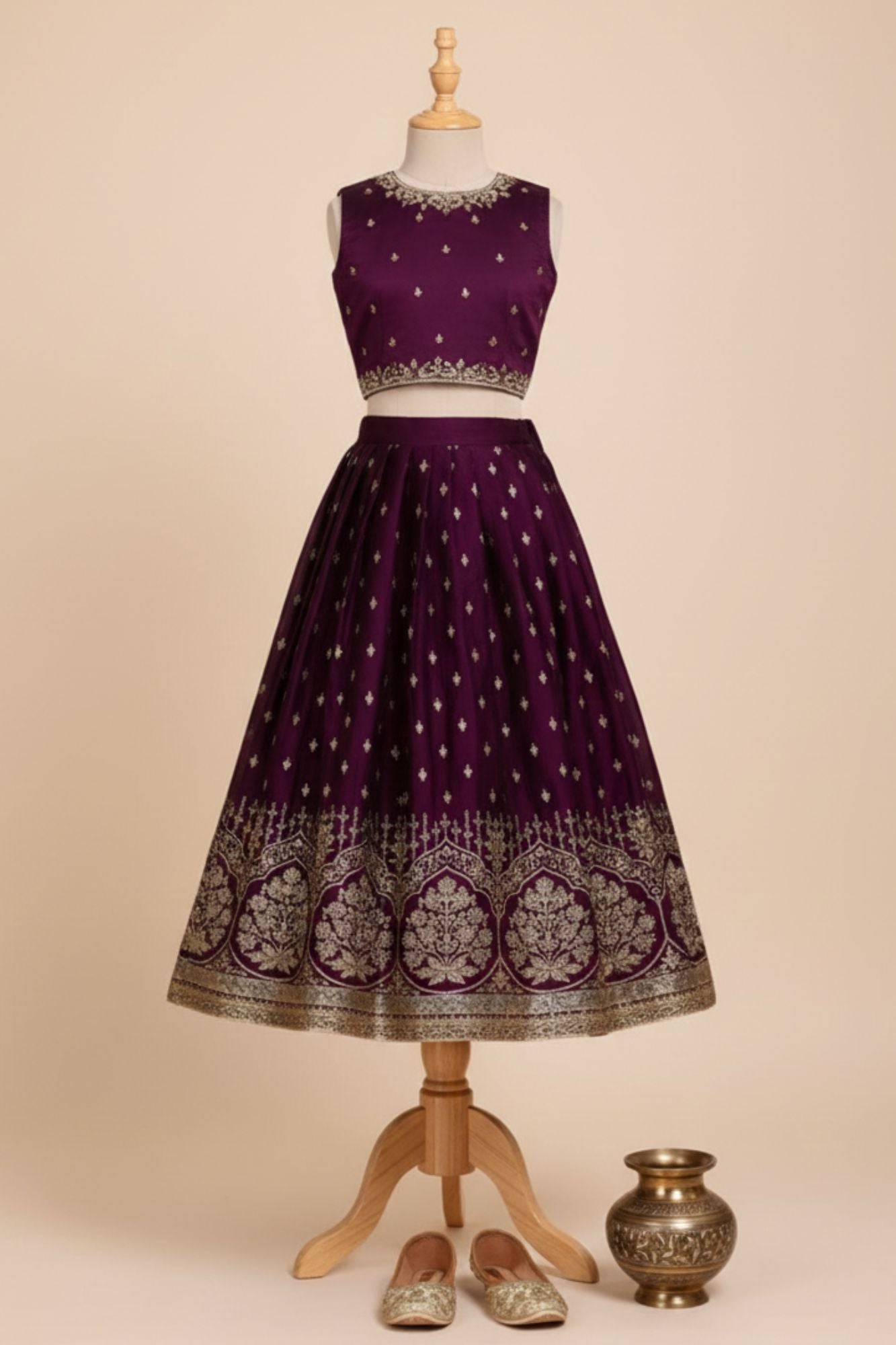 Wine With Gold Embroidered Lehenga Choli for Girls