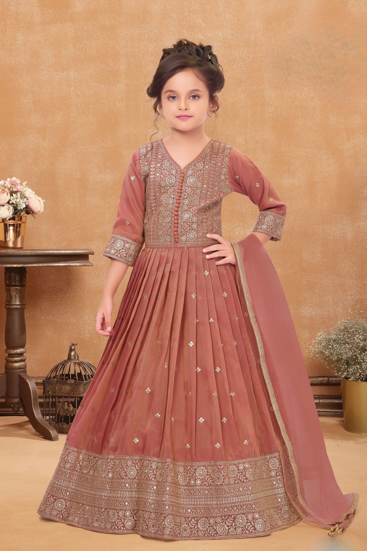 Rust Embroidered Long Ethnic Gown with Dupatta For Girls