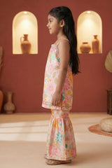 Girls Peach Floral Printed Sharara Set with Spaghetti Strap Top